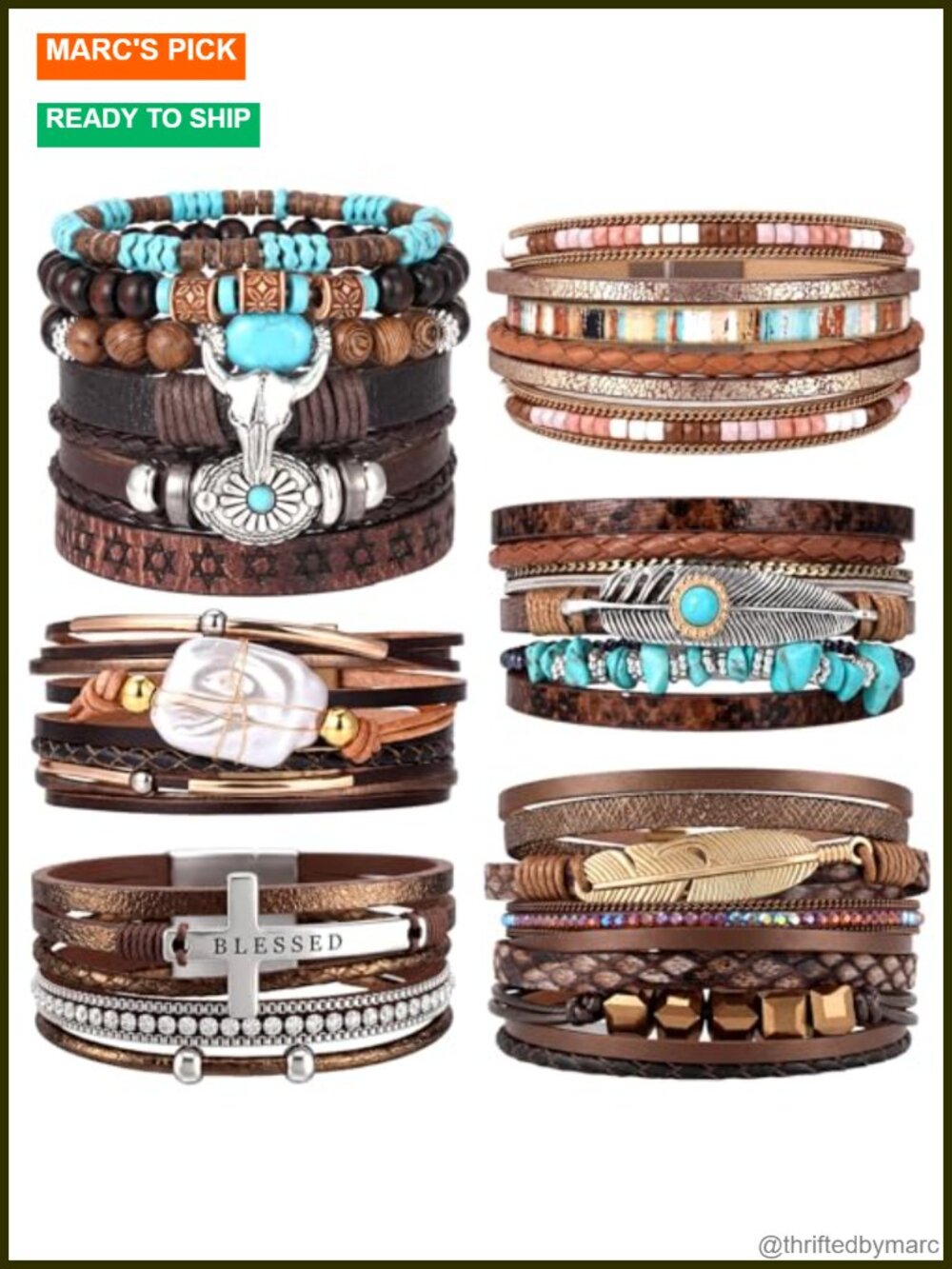 6Pc Boho Leather Wrap Bracelet Set Adjustable Stackable Western Cow Charm